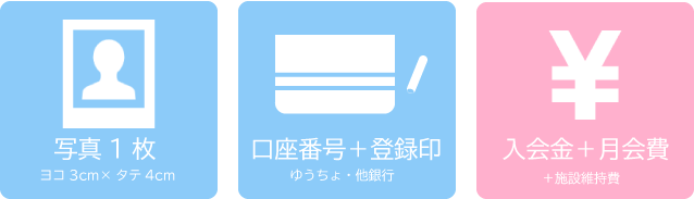 写真（3cm×4cm）・口座番号・お届け印・入会金・月会費